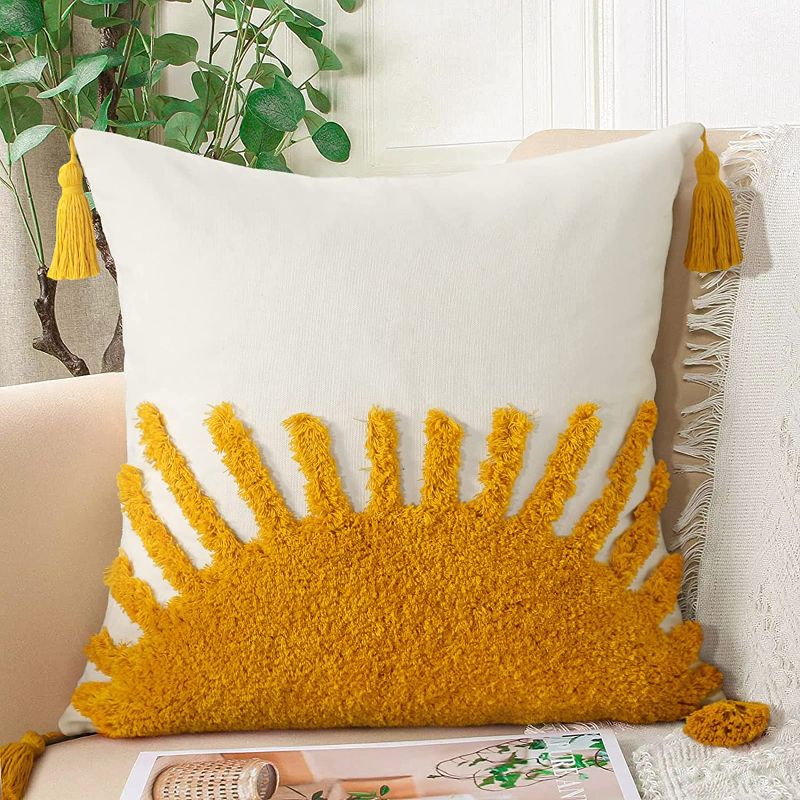 Photo 1 of Adabana Decorative Boho Throw Pillow Covers 18x18,Colorful Throw Pillow Covers Cotton Sun Tufted Pillows Cover Cases with Tassels for Couch Yellow White 