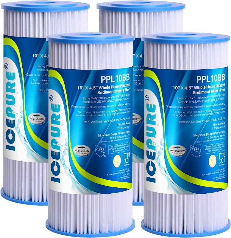 Photo 1 of 10" x 4.5" Whole House Pleated Sediment Water Filter Replacement for GE FXHSC, Culligan R50-BBSA, Pentek R50-BB, DuPont WFHDC3001, W50PEHD, GXWH40L, GXWH35F, for Well Water, Pack of 4