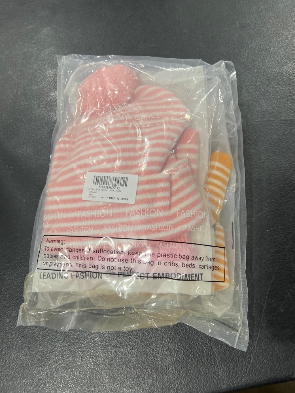 Photo 1 of 2 Sets Toddler Winter Beanie Gloves Socks Set Kids Cuffed Knitted Hat Gloves Socks Fleece Lined for Baby Boys Girls Age 1-3 Pink, White, Orange