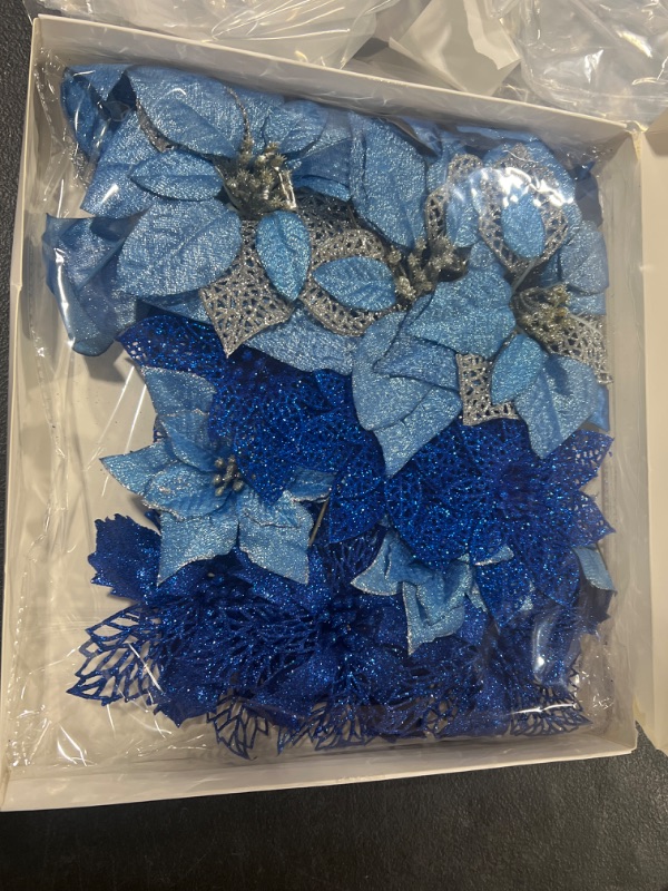 Photo 1 of 24 Pcs 4 Styles Christmas Blue Metallic Mesh Glitter Artificial Poinsettia Flower Stems Tree Ornaments in Box for Blue Christmas Tree Wreaths Garland Floral Gift Winter Wedding Holiday Decoration