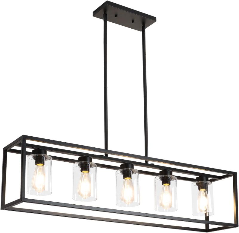 Photo 1 of 5 Light Farmhouse Kitchen Light, Black Industrial Rectangular Light Fixture, Linear Kitchen Island Light for Dining Room
