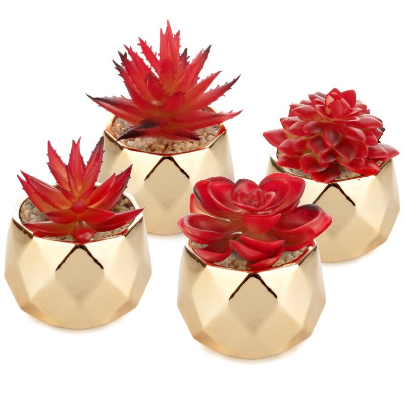 Photo 1 of 4 Piece Artificial Red Succulent Plants in Gold Ceramic Pots for Modern Home Decor Indoors Outdoors Living Room Kitchen Bathroom Office Desk Bedroom Gift 2 in/5cm Mini Planters
