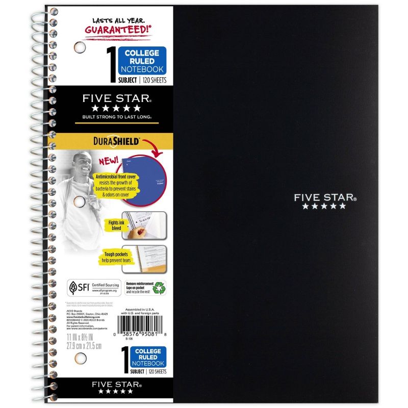 Photo 1 of 12 PACK - Spiral Notebook 1 Subject College Ruled Anti-Microbial Black - Five Star