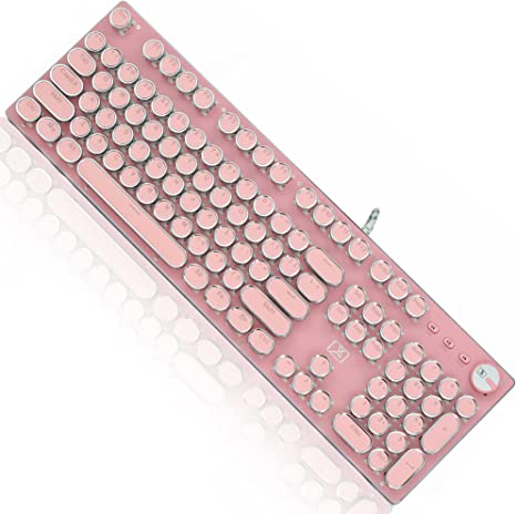 Photo 1 of Gaming Keyboard,Retro Punk Typewriter-Style, Blue Switches, White Backlight, USB Wired, for PC Laptop Desktop Computer, for Game and Office, Stylish Pink Mechanical Keyboard (Round Keycaps)
