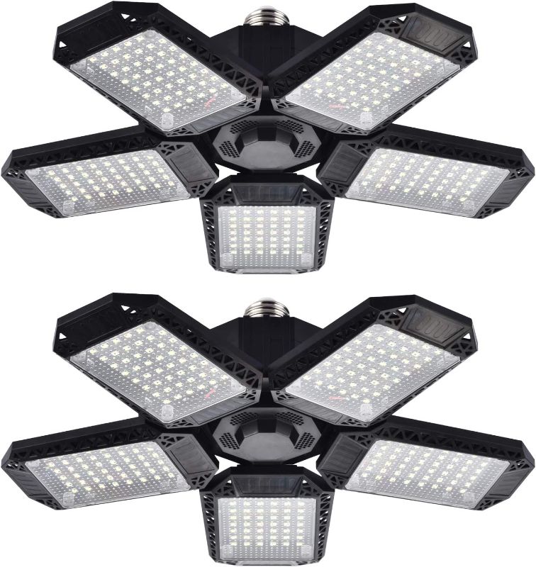 Photo 1 of 2 Pack LED Garage Lights, 120W Deformable LED Garage Ceiling Lights with 5 Adjustable Panels, 12000LM E26 LED Shop Lights for Garage, Basement, Barn, High Bay Light (2 Pack)
