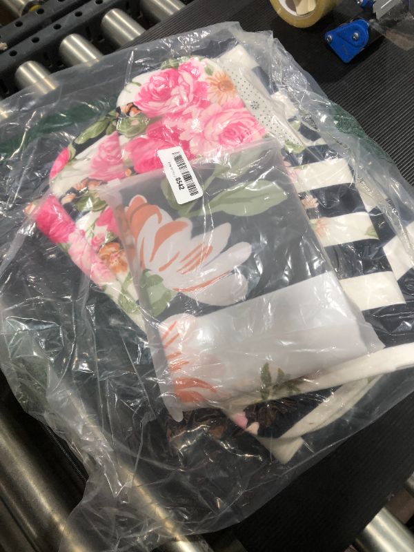 Photo 1 of 4 PCS Pink Flower Shower Curtain Sets with Non-Slip Rugs and Toilet Lid Cover with Black and White Stripe Floral Bath Decor Shower Curtains 72"x 72" with 12 Hooks Durable Waterproof for Bathroom