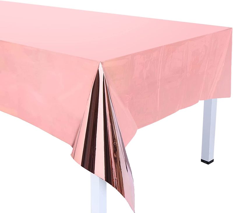 Photo 1 of 12 Packs 54 x 108 Inch Rose Gold Foil Tablecloth Table Cover Plastic Disposable Rectangle Waterproof Table Cover Party Decor for Wedding Birthday Anniversary Engagement Party
