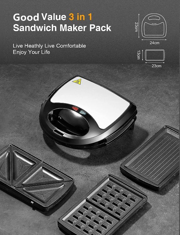 Photo 1 of 3-in-1 Sandwich Maker, Belgian Waffle Maker, Electric Panini Press Grill, 750W Double Sided Quick Heating System, Deep Fill Detachable Non-Stick Plates, Compact and Portable
