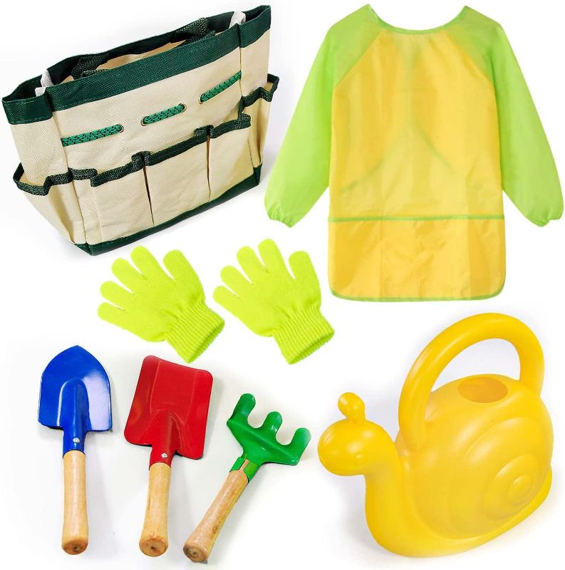 Photo 1 of Craft Spot! Kids Gardening Set, Garden Tool Set for Kids with Fork, Trowel, Gloves, Rake, Apron, Watering Can, All in One Gardening Tote, Fun Gift for Boys and Girls
