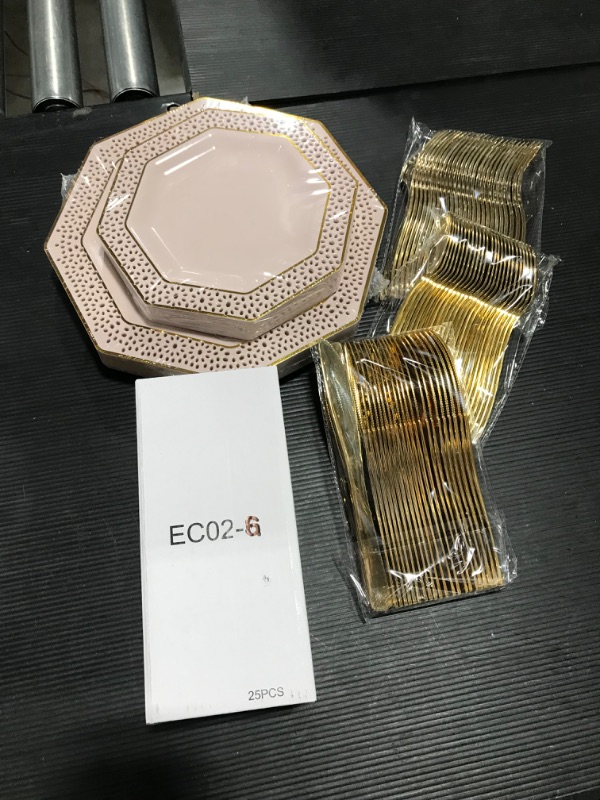 Photo 1 of  150PCS Pink Plastic Plates-Gold Square Plastic Plates with Gold Plastic Silverware 