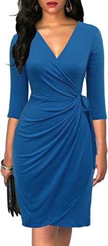 Photo 1 of Berydress Women's Classic 3/4 Sleeve V Neck Sheath Casual Party Work Faux Black Wrap Dress size el