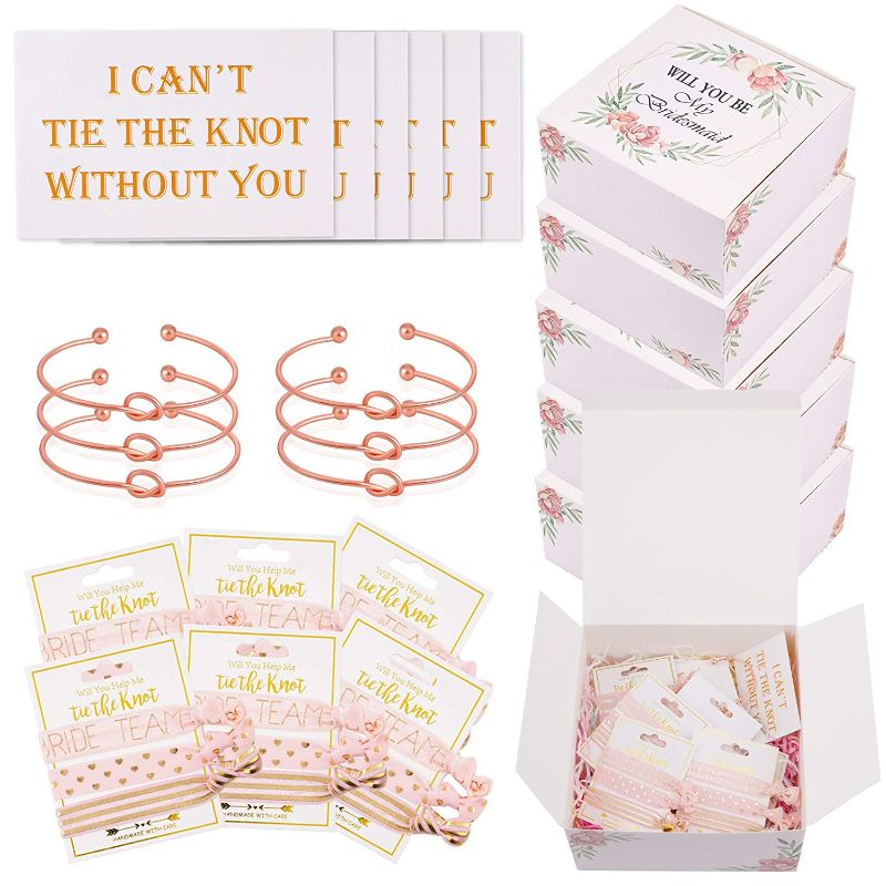 Photo 1 of 36pcs Bridesmaids Proposal Gift Set 6 Bridesmaid Proposal Boxes,6 Love Knot Bracelet with 6 I Can't Tie The Knot Card and 18 No Crease Hair Ties
