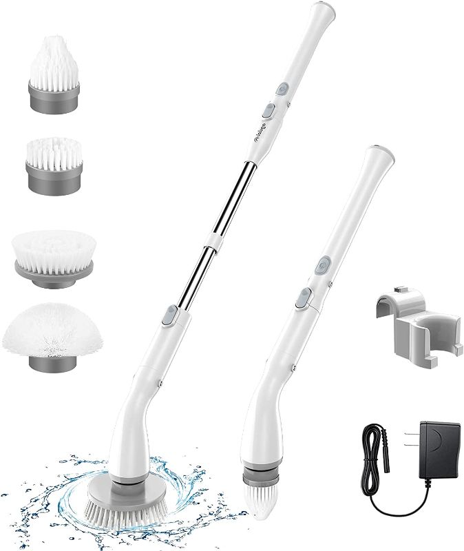 Photo 1 of Electric Spin Scrubber LA1 Pro, Cordless Spin Scrubber with 4 Replaceable Brush Heads and Adjustable Extension Handle, Power Cleaning Brush for Bathroom Floor Tile (White)