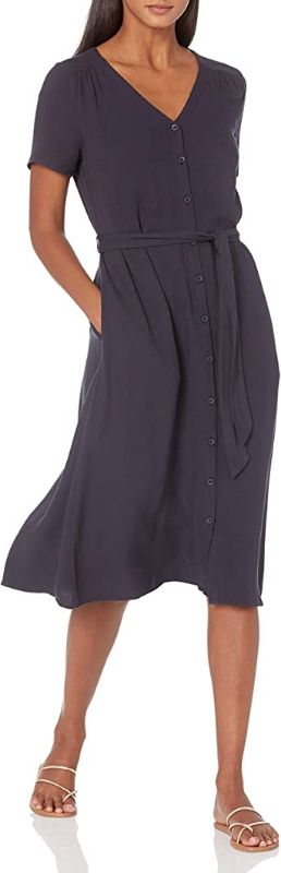 Photo 1 of Amazon Essentials Women's Short-Sleeve Midi Button Front Tie Dress NAVY BLUE SIZE XL 