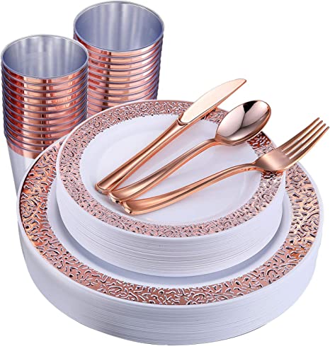 Photo 1 of 150 Piece Rose Gold Dinnerware Set Elegant Lace Disposable Plastic Plate Include: 25 Dinner Plates, 25 Dessert Plates, 25 Forks, 25 Knives, 25 Spoons, 25 Cups for Halloween, Thanksgiving, Christmas