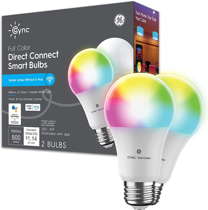Photo 1 of 
GE CYNC Smart LED Light Bulbs, Color Changing Lights, Bluetooth and Wi-Fi Lights, Works with Alexa and Google Home, A19 Light Bulbs, 2 count (Pack of 1)