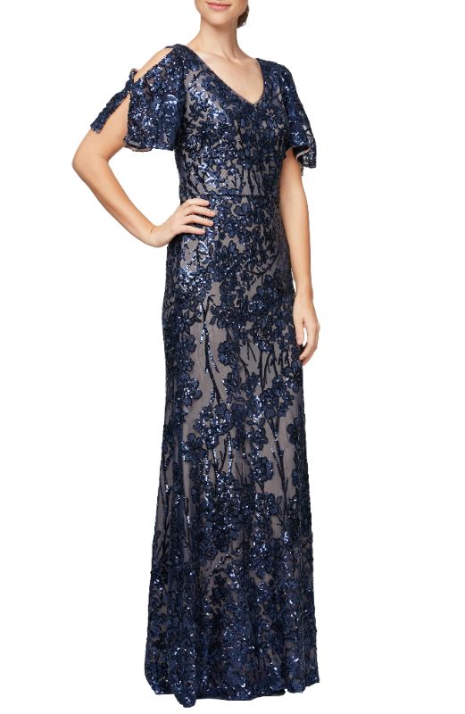 Photo 1 of Alex Evenings Womens Navy Sequined Cold Shoulder Zippered Flutter Sleeve V Neck Full-Length Formal Sheath Dress 12 - All
