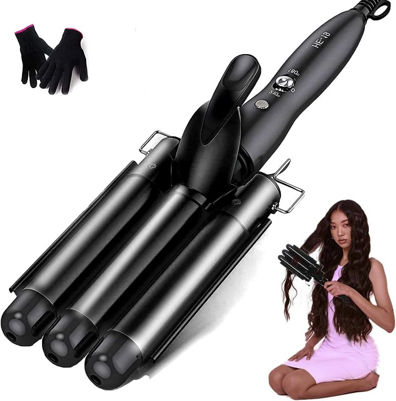 Photo 1 of Hair Waver 3 Barrel Curling Iron Wand 1 Inch Crimper Hair Iron Tourmaline Ceramics Triple Barrels Hair Crimper Heat Up Quickly Mermaid Beach Waves Curling Iron Black
