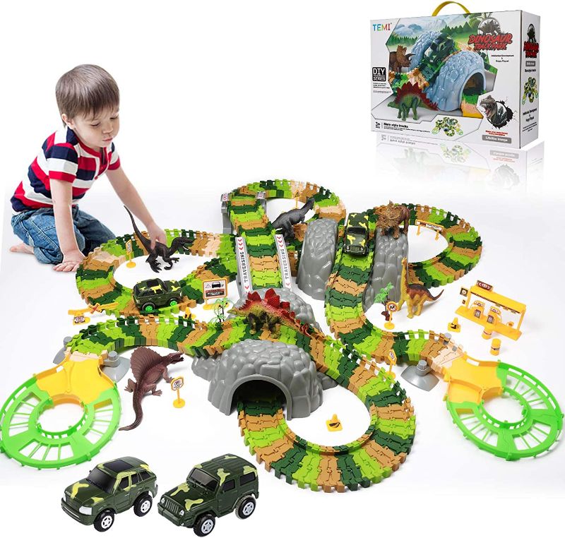 Photo 1 of 348 Pcs Dinosaur Toys Train Track Set w/ 6 Jurassic Dino Figures, 2 Electric Jeep Car, Educational Twisted Flexible Train Track Play Set w/ Rockery, Tree, Bridge