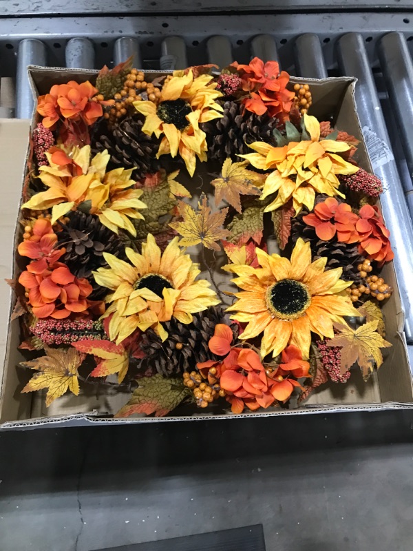 Photo 2 of 24"Fall Wreaths for Front Door with Lights,Autumn Harvest Wreath with Sunflowers Pinecones Berries Wheat Maples Leaf,Thanksgiving Wreath for Halloween Wall Fireplace Wedding Home Indoor Outdoor Decor