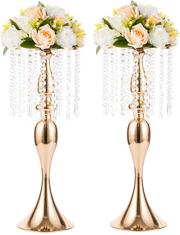 Photo 1 of 2 Pcs 21.3 inches Tall Crystal Flower Stand Wedding Road Lead Tall Flower Holders Centerpiece Crystal Flower Chandelier Metal Flower Vase for Reception Tables Wedding Supplies
