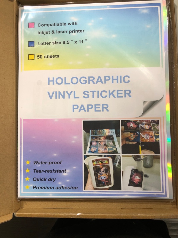 Photo 2 of 50 Sheets 8.5 x 11 Inches Printable Holographic Vinyl Sticker Paper Rainbow Sticker Paper For Inkjet and Laser Printer Quick Dry Sticker Paper Cricut Compatible