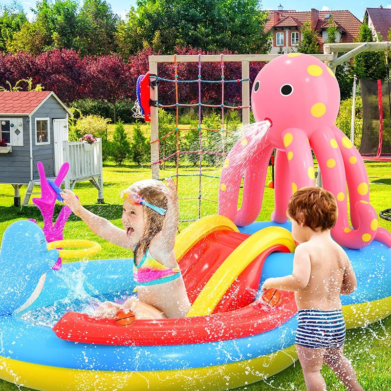 Photo 1 of Inflatable Play Center, Kids Kiddie Pools with Slide for Outdoor Garden Backyard Water Park, Octopus Dolphin Ball Roll Toss Games for Toddler Outside Summer, 117'' X 73.2'' X 65''