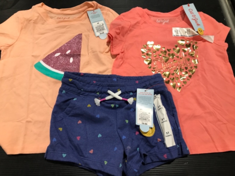 Photo 1 of  Cat & Jack™ Glitter Watermelon Short Sleeve T-Shirt, Coral Dad Heart T-Shirt  & Knit Pull-on Shorts 5T
