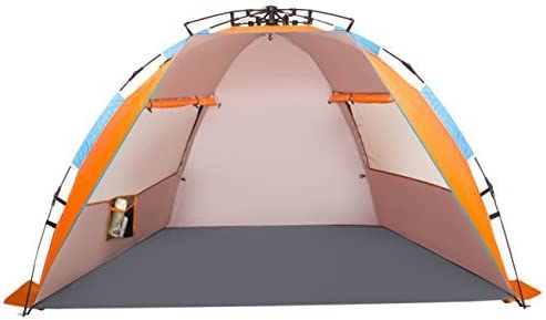 Photo 1 of  Oileus X-Large 4 Person Beach Tent Sun Shelter - Portable Sun Shade Instant Tent for Beach with Carrying Bag, Stakes, 6 Sand Pockets, Anti UV for Fishing Hiking Camping, Waterproof Windproof, Orange 