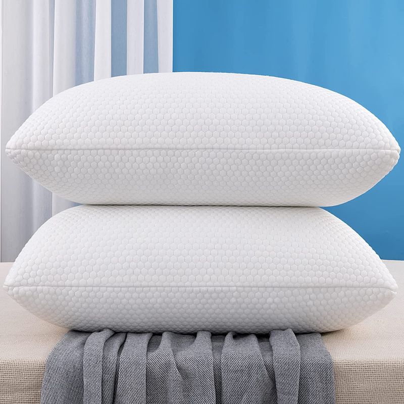 Photo 1 of  Molblly Standard Pillows Shredded Memory Foam Cooling Bed Pillows Set of 2 Pack Standard Size Pillows 20 x 26 in,Adjustable Loft Washable The Pillow for Side Back Stomach Sleeper Pillows for Sleeping 