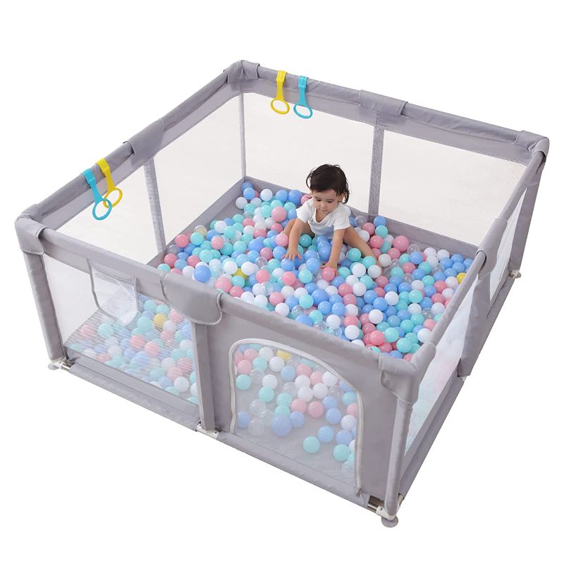 Photo 1 of Baby Playpen, Large Playards for Babies and Toddlers,51x51” Baby Play Yard with 30 Balls ,Amuya Baby Fence Play Area with 4 Pull Rings, Safe Play Pens for Babies and Toddlers-Light Gray