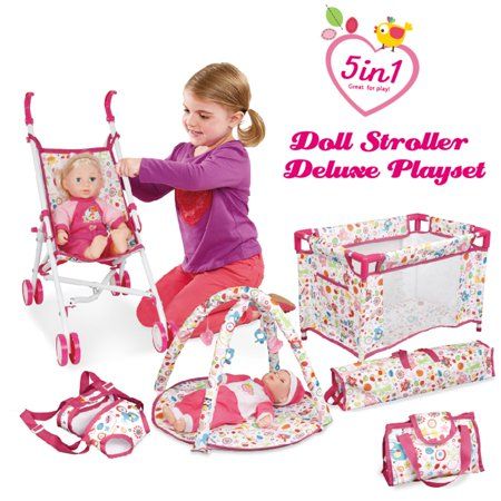 Photo 1 of  Liberty Imports 5-in-1 Deluxe Newborn Baby Doll Stroller Nursery Playset with Play Mat, Playard, Baby Carrier, and Travel Bag (Doll Included) 
