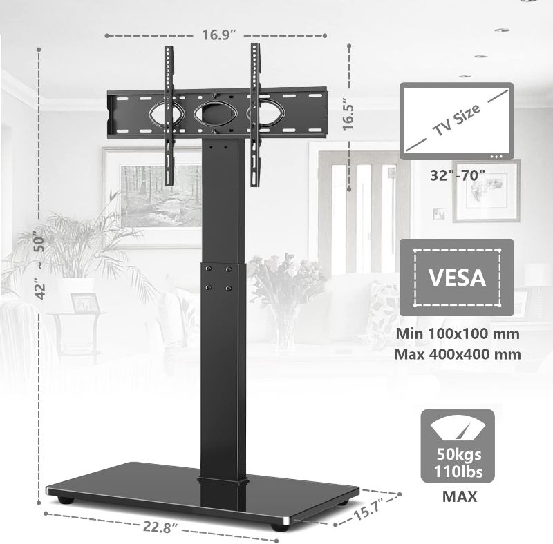 Photo 1 of  Universal Floor TV Stand Base with Swivel Height Adjustable Mount for 32 37 43 47 50 55 60 65 70 Inch Plasma LCD LED OLED Flat or Curved Screen TVs, Black Tempered Glass Base for Media Storage 