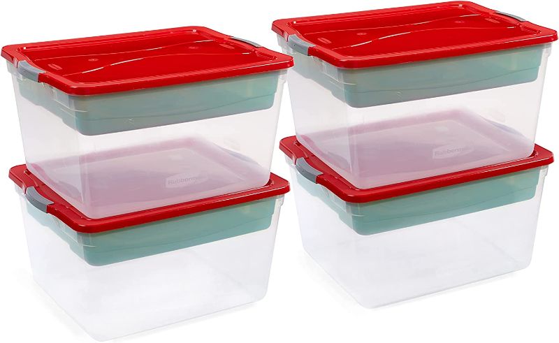 Photo 1 of  Rubbermaid Cleverstore Clear Holiday 71 Qt Bins with Tray Inserts, Built-In Handles to Maximize Storage, Great for Holiday Decor, Clear Base, Red Lid with Green Tray, Pack of 4 