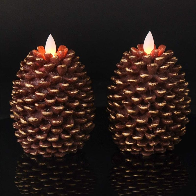 Photo 1 of Wondise Flameless Candles with Timer, Battery Operated Moving Wick Real Wax Pine Cone Candles for Holiday Indoor Decoration, Set of 2, Brown(D3.5 x H4.7 Inch) 