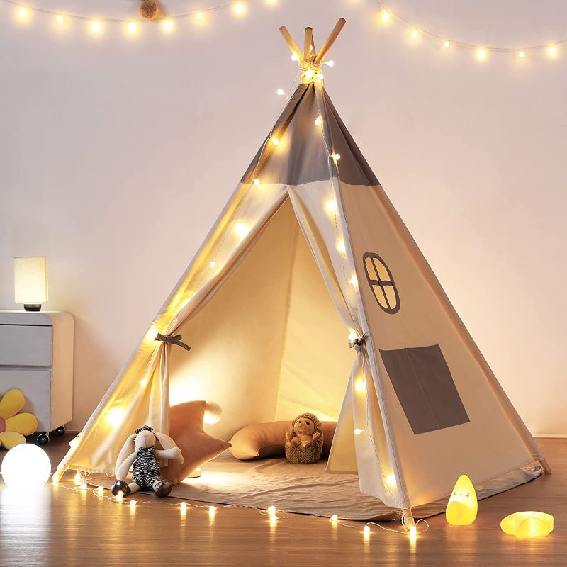 Photo 1 of besrey Teepee Tent for Kids Indoor,Kids Play Tent, Tipi Tent Girls Boys,Toddler Teepee,White Baby Teepee,Large Tipee, Children Room Tent, Reading Tp,Canvas Playhouse with Lights and Mat 