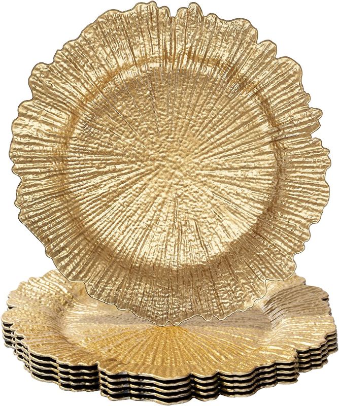 Photo 1 of  MAONAME Round 13" Gold Charger Plates, Set of 6, Plastic Reef Plate Chargers for Dinner Plates, Wedding, Elegant Décor Place Setting 