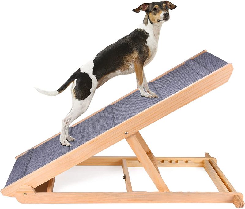 Photo 1 of  Wooden Adjustable Dog Ramp, Folding Portable Pet Ramp for All Small Large Animals 6 Height from 13.8” to 25.3” for Bed Couch Car -Durable Frame Supports Up to 200 Lbs,High Traction
