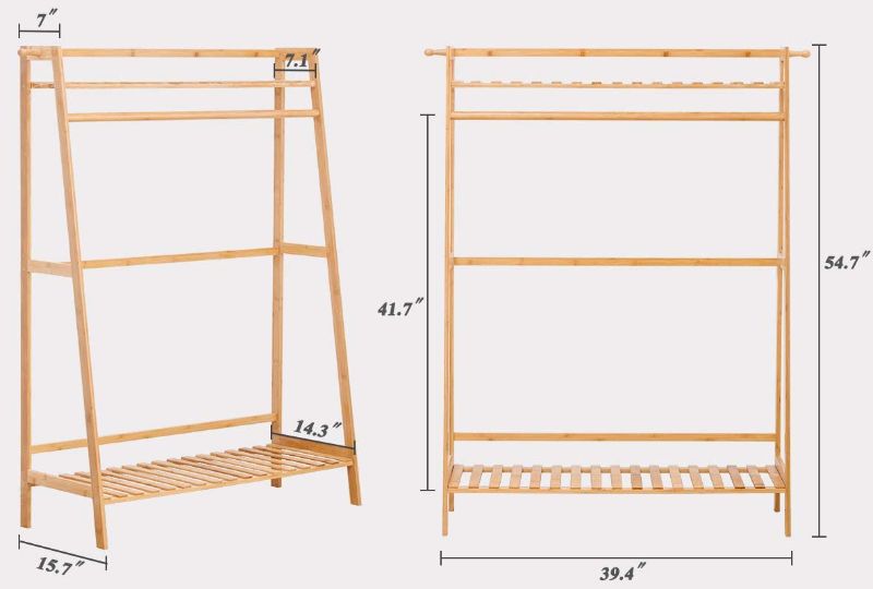 Photo 1 of Bamboo Garment Coat Clothes Hanging Heavy Duty Rack with top Shelf and Shoe Clothing Storage Organizer Shelves
