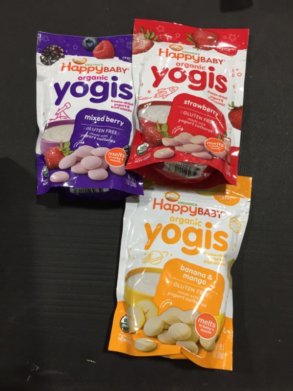 Photo 1 of Happy Baby: Organic Yogis Yogurt and Fruit Snacks 3PACKS Banana Mango,Strawberry, & Mixed Berry
BEST BY MAR. 01. 2023