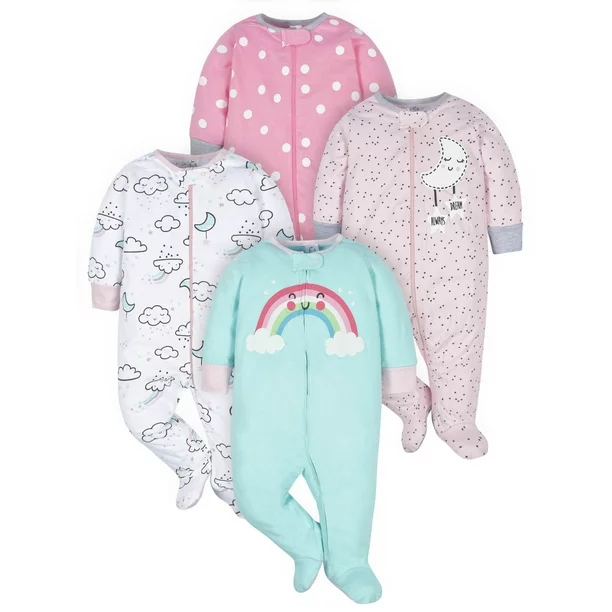 Photo 1 of Gerber Baby Girl Sleep 'N Play Footed Pajamas, 4-Pack 0-3 months
