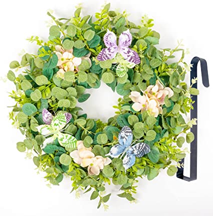 Photo 1 of   Summer Wreaths for Front Door - 18” Spring Wreath with LED Lights & Hanger - Butterfly Wreath with Eucalyptus Green Leaves for Indoor Outdoor