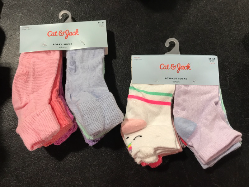 Photo 1 of [Size 4-5T] Toddler Girls' Athletic Bobby Socks 6pk - Blue/Pink & Toddler Girls' 6pk Unicorn, Pig and Koala Print Low Cut Socks