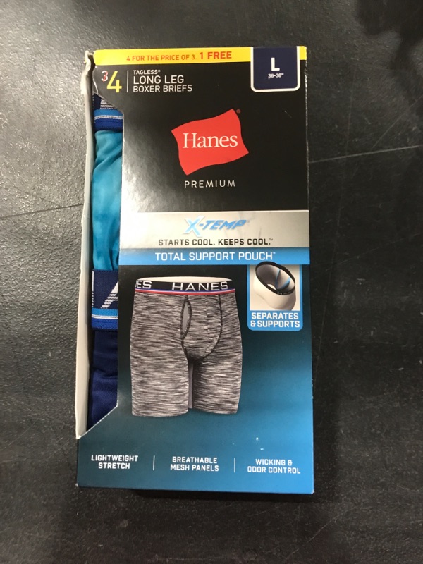 Photo 2 of [Size L] Hanes Premium Men's Xtemp Total Support Pouch 3+1 Trunk - Blue/Gray

