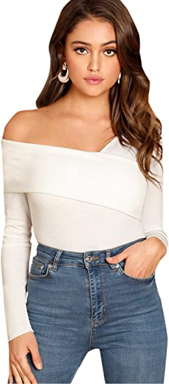 Photo 1 of [Size L] Women's Casual Cross Off Shoulder Deep V Neck Ribbed Knit Slim Wrap Tee Shirt Blouse- white