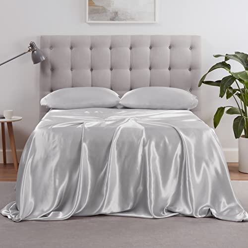 Photo 1 of [Size King] SERTA SatinLuxury 4pc Soft Lightweight Deep Pocket Bedding Silky Satin Sheet Set with Pillowcases, King, Silver Grey
