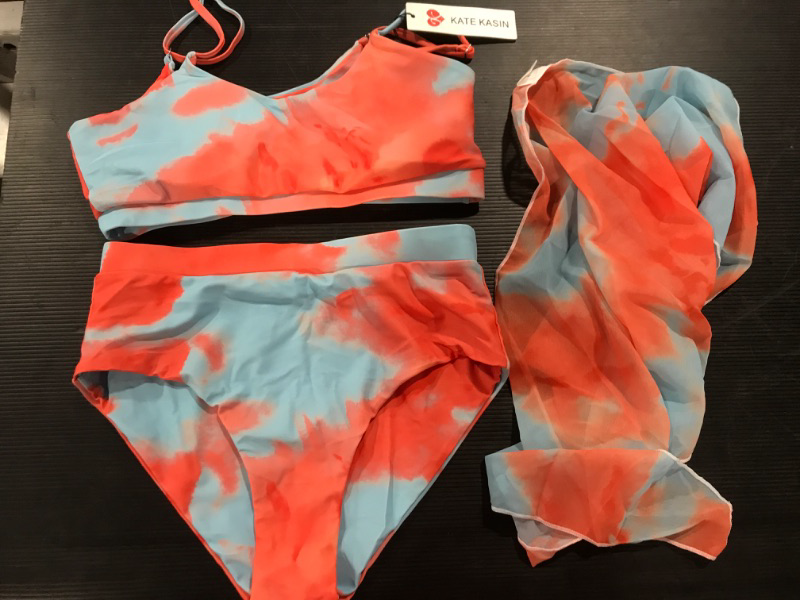 Photo 2 of [Size M] Kate Kasin Women Tie Dye Bikini Set Scoop Neck 3 Piece Swimsuits with Short Sarong