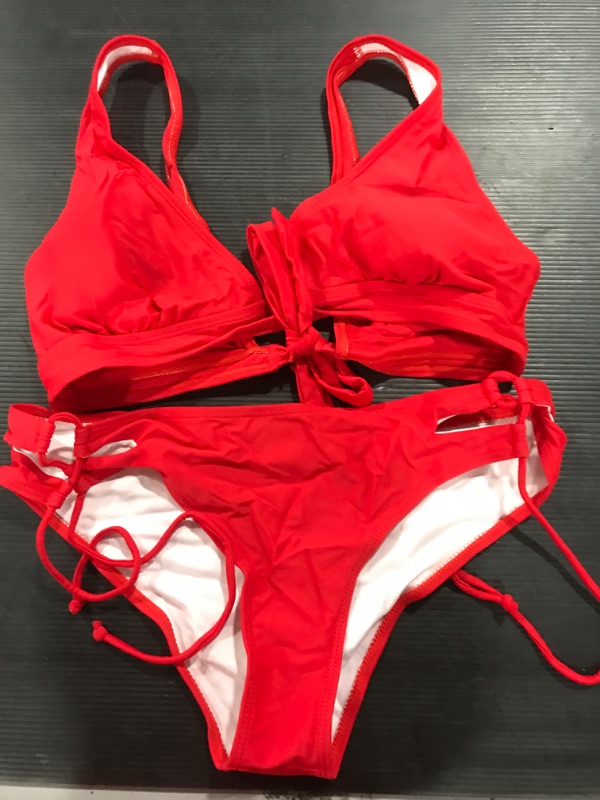 Photo 2 of [Size M] Lomitti Women's Side Tie Bikini Set Light Support Laced Top Sexy Two Piece Swimsuit [Red]