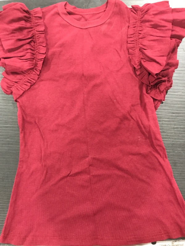 Photo 1 of [Size L] Ladies Ruffle Shoulder Tshirt- Burgandy