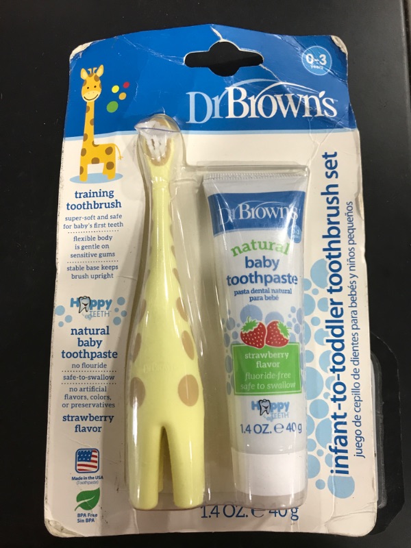 Photo 1 of Dr. Brown's Infant-to-Toddler Training Toothbrush Set with Strawberry Fluoride-Free Toothpaste 1.4 oz, Soft for Baby's First Teeth, Giraffe, BPA Free, 0-3 Years